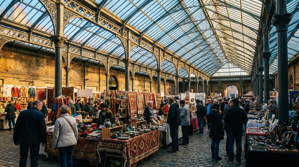 Covered market hall with cast iron columns and glass roof with handmade crafts and textiles