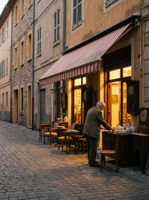 Antique dealer on a quiet Mediterranean city side street