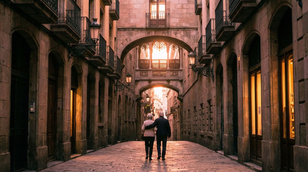 Narrow Barcelona Gothic Quarter street with stone archways connecting buildings overhead, sunset