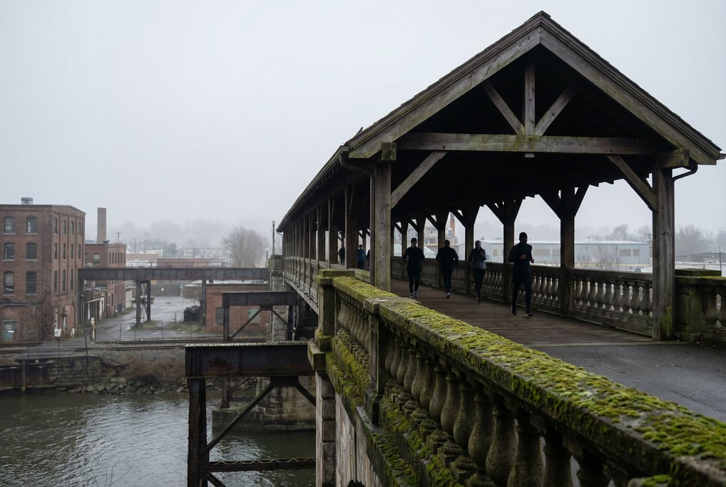 Covered wooden footbridge at overcast midday, stone balustrades with weathered moss