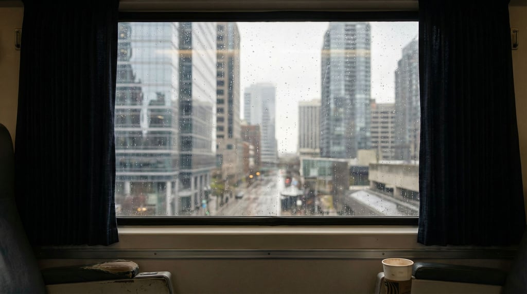 View through a train window speeding past the city overlooking a modern cityscape at overcast midday