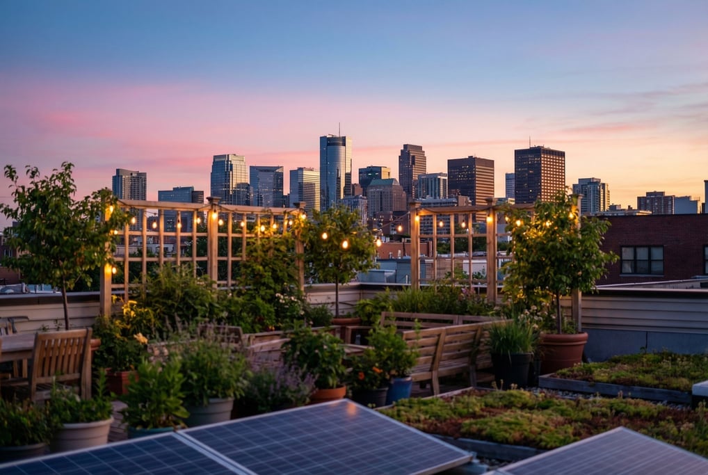 Rooftop terrace with string lights overlooking downtown at dawn