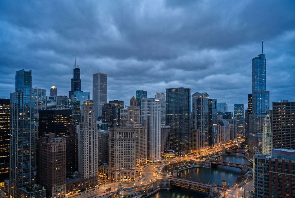 Sweeping panoramic view of a modern glass and steel city skyline at blue hour