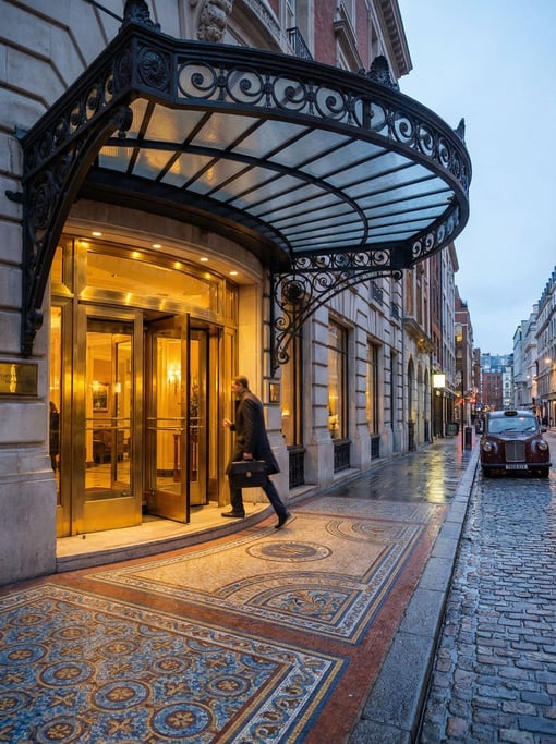 Canopied hotel entrance with polished brass, mosaic tile work on the entrance floor, dawn