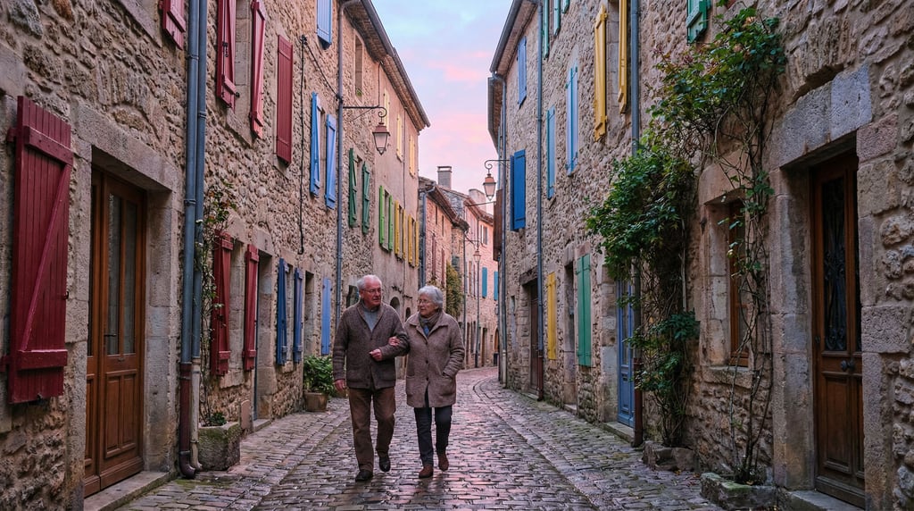 Narrow medieval stone alley with colorful shuttered windows at different heights, dawn