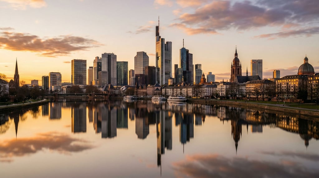 High-rise financial district city skyline reflected in a calm river at golden hour
