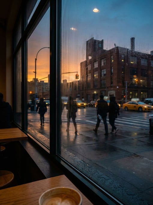Looking out through a café window with slight condensation at a industrial city street