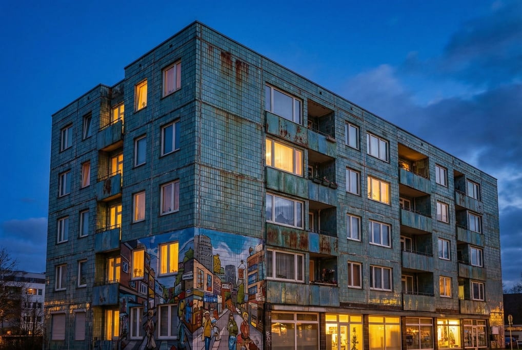 Glazed ceramic tile apartment building with weathering stains and patina adding character