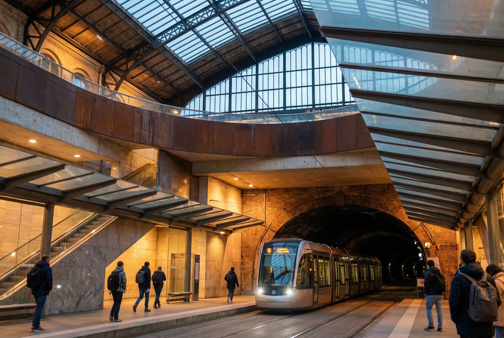 Modern tram stop with glass shelter, vaulted iron and glass roof soaring above
