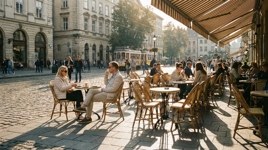 Outdoor café terrace on a cosmopolitan city square
