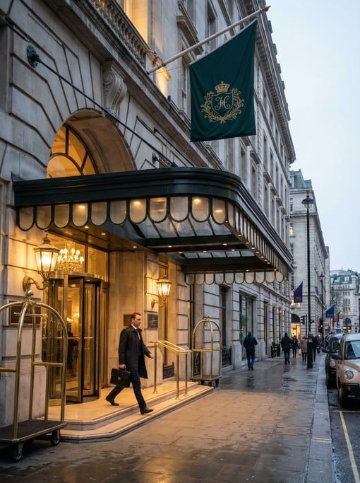 Canopied hotel entrance with polished brass, a flag or banner hanging from above, early morning