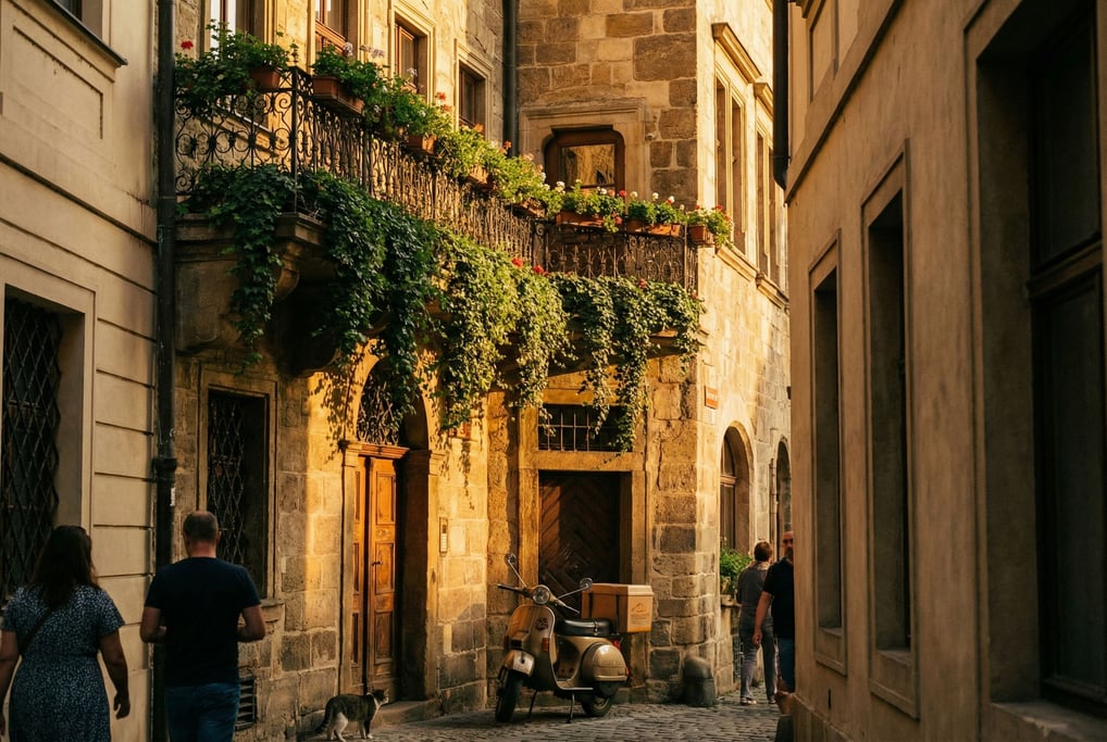Narrow Prague Gothic passage with wrought iron balconies with hanging plants, golden hour
