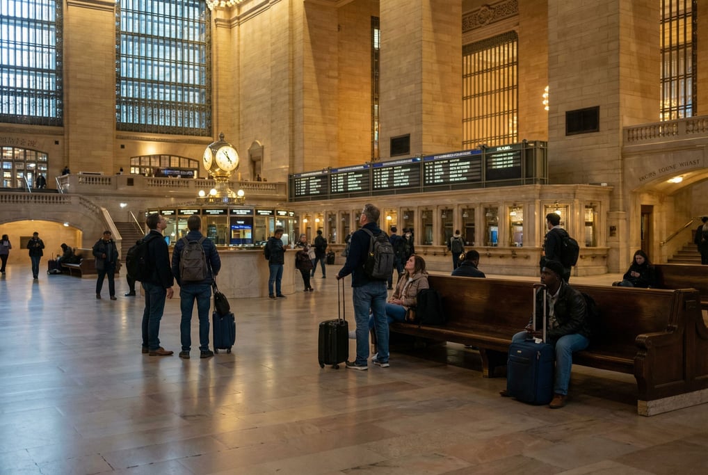 Grand central railway station concourse, worn terrazzo floor and wooden benches