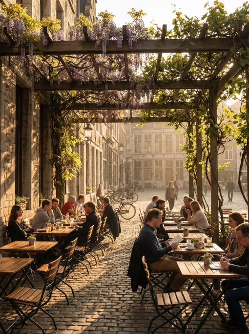 Outdoor café terrace on a historic city square, climbing vines on a trellis above the seating