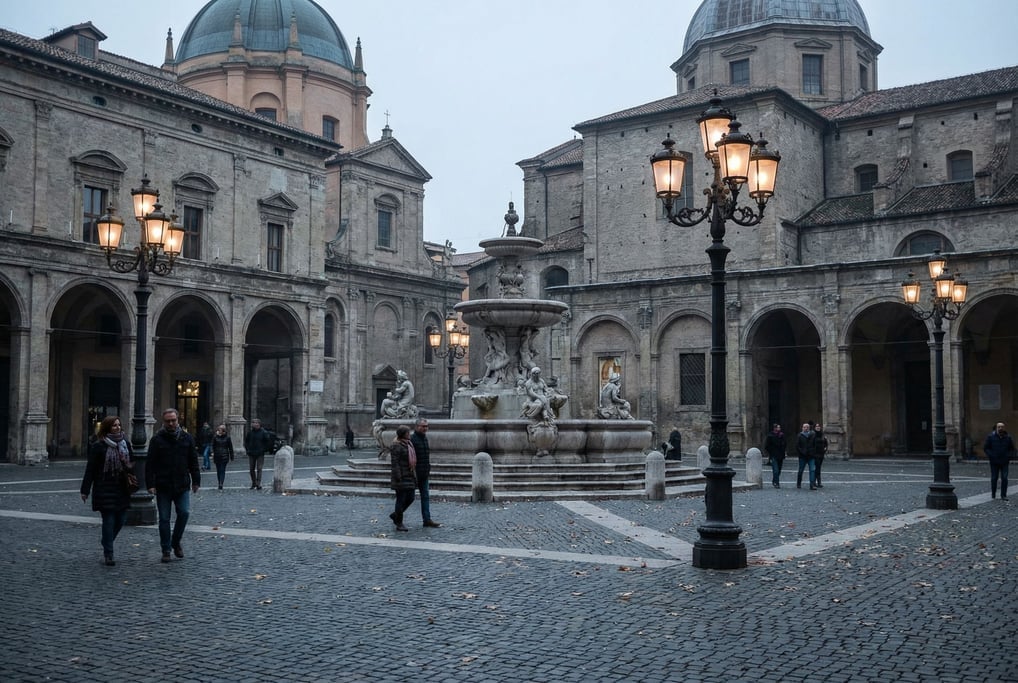 Grand stone piazza with a central fountain in a European city