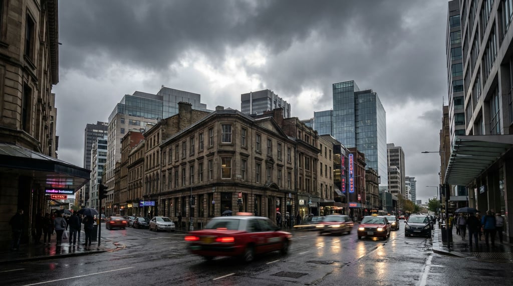 Cosmopolitan city street under dramatic clouds