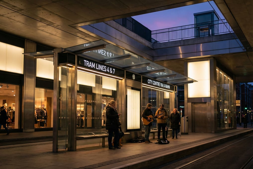 Modern tram stop with glass shelter, clean minimalist design with clear wayfinding