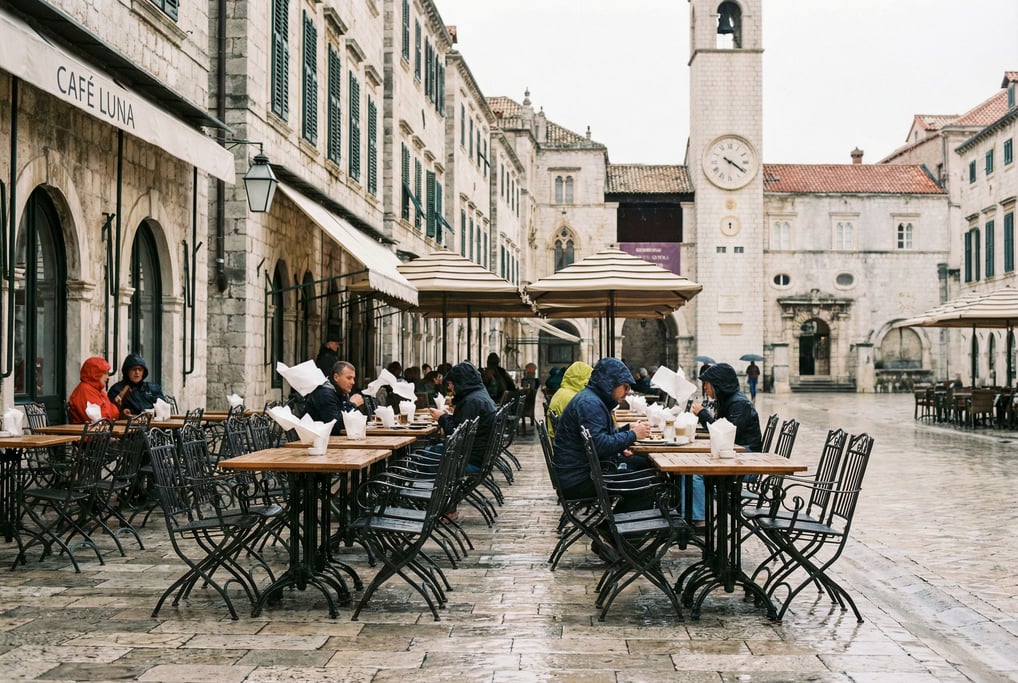 Outdoor coffee shop with sidewalk seating on a historic city square