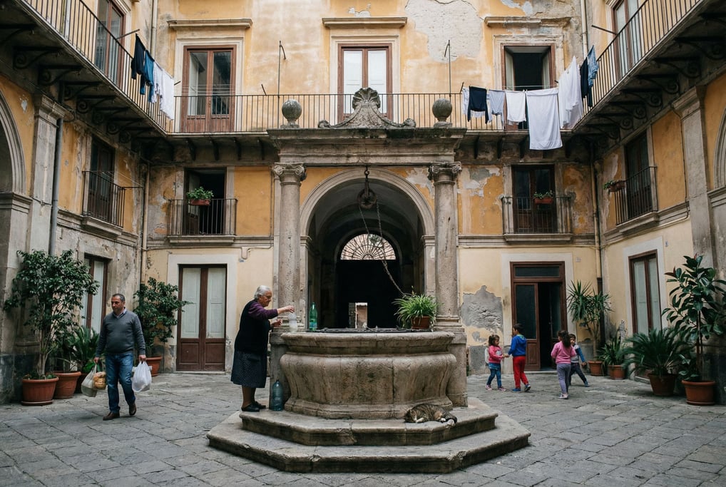 Looking up through a courtyard of a Sicilian palazzo