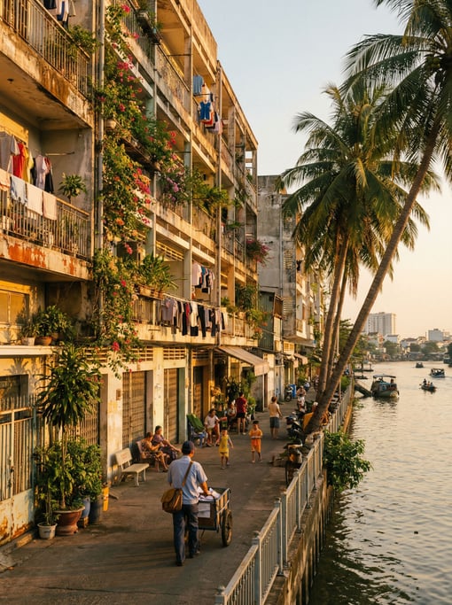 Riverside apartment buildings with balconies in a tropical neighborhood