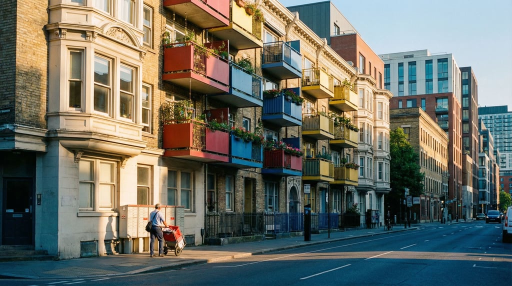 Social housing block with colorful balconies in a modern neighborhood
