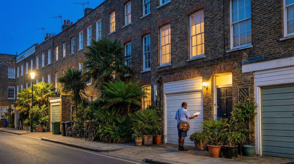 Terrace of Georgian brick houses in a tropical neighborhood