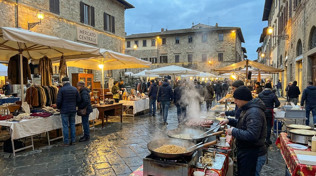 Flea market in a cobblestone square with steaming food stalls with visible cooking