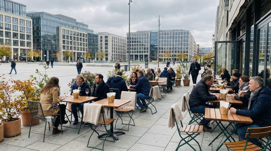 Outdoor wine bar terrace on a modern city square, napkins fluttering in a light breeze