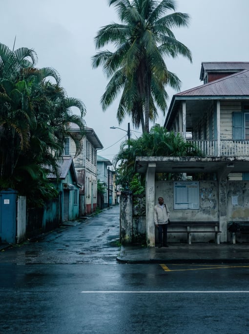 Tropical city street under overcast skies, soft even light and muted tones