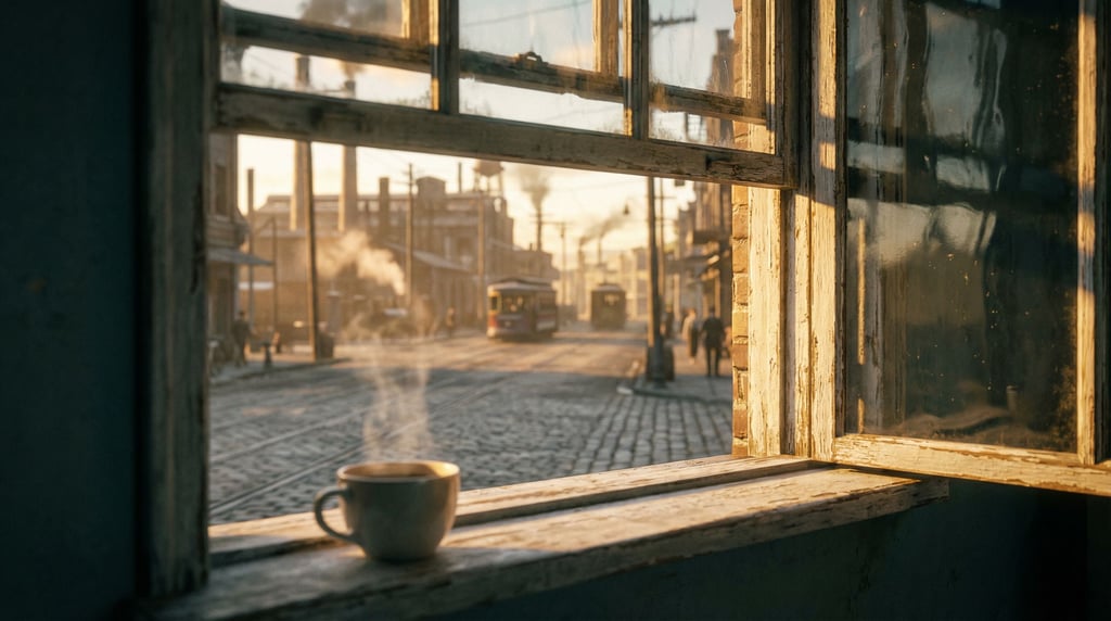 Looking out through a old wooden-frame window in a historic building at a industrial city street
