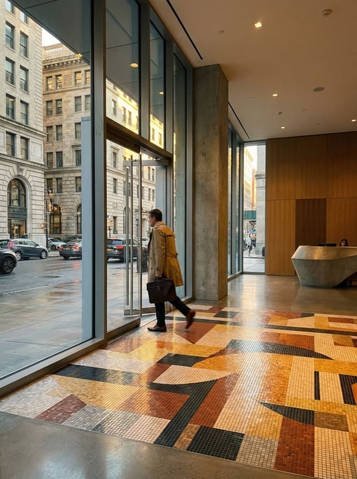 Minimalist modern lobby with floor-to-ceiling glass, mosaic tile work on the entrance floor