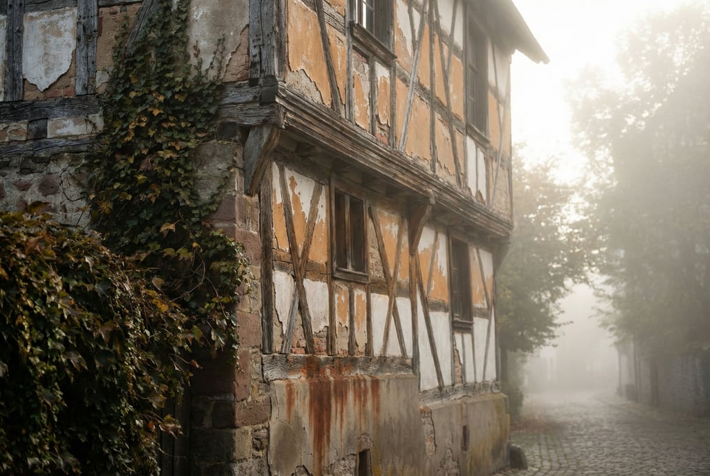 Half-timbered medieval merchant house with rust and peeling paint revealing layers of history
