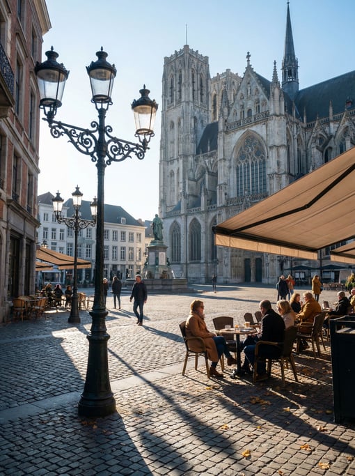 Cathedral square with outdoor cafes in a European city, historic lampposts with ornate ironwork