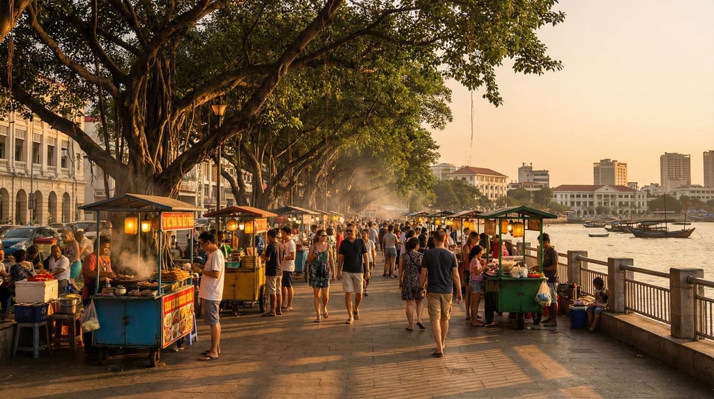 Food vendors serving customers from sidewalk carts on a waterfront promenade in a tropical city