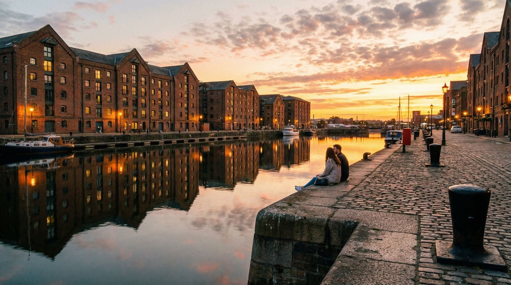 City dock area lined with old brick warehouses converted to apartments, sunset