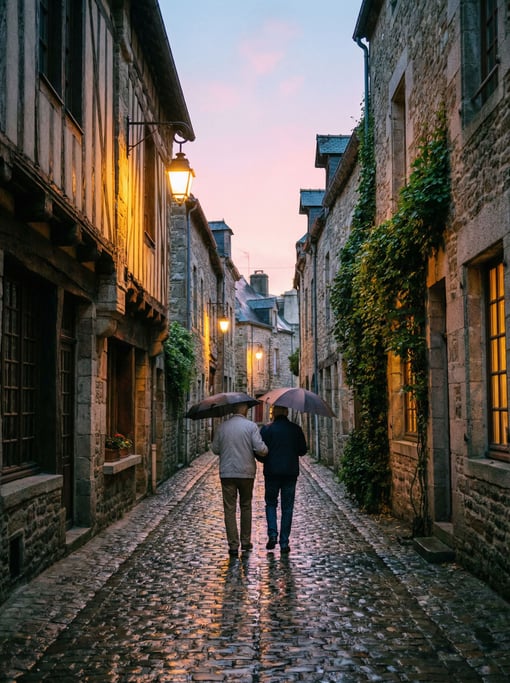 Narrow medieval stone alley with cobblestones wet from recent rain reflecting warm light, dawn
