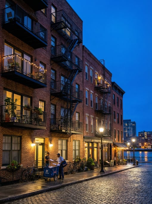 Riverside apartment buildings with balconies in a modern neighborhood
