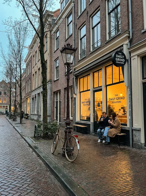 Independent coffee roastery on a quiet cosmopolitan city side street