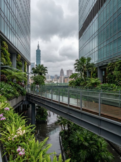 Elevated walkway between glass towers in a Taipei