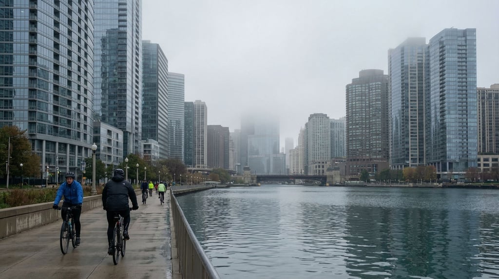 City lakefront path lined with modern glass buildings along the waterfront, overcast midday