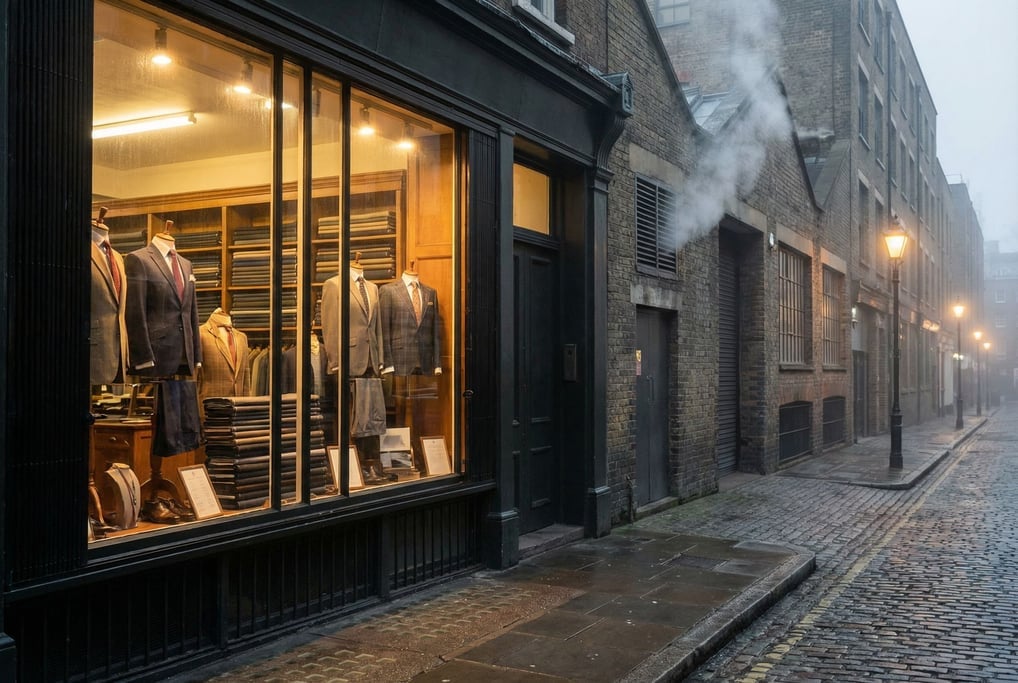 Tailor shop with suits in the window on a quiet industrial city side street
