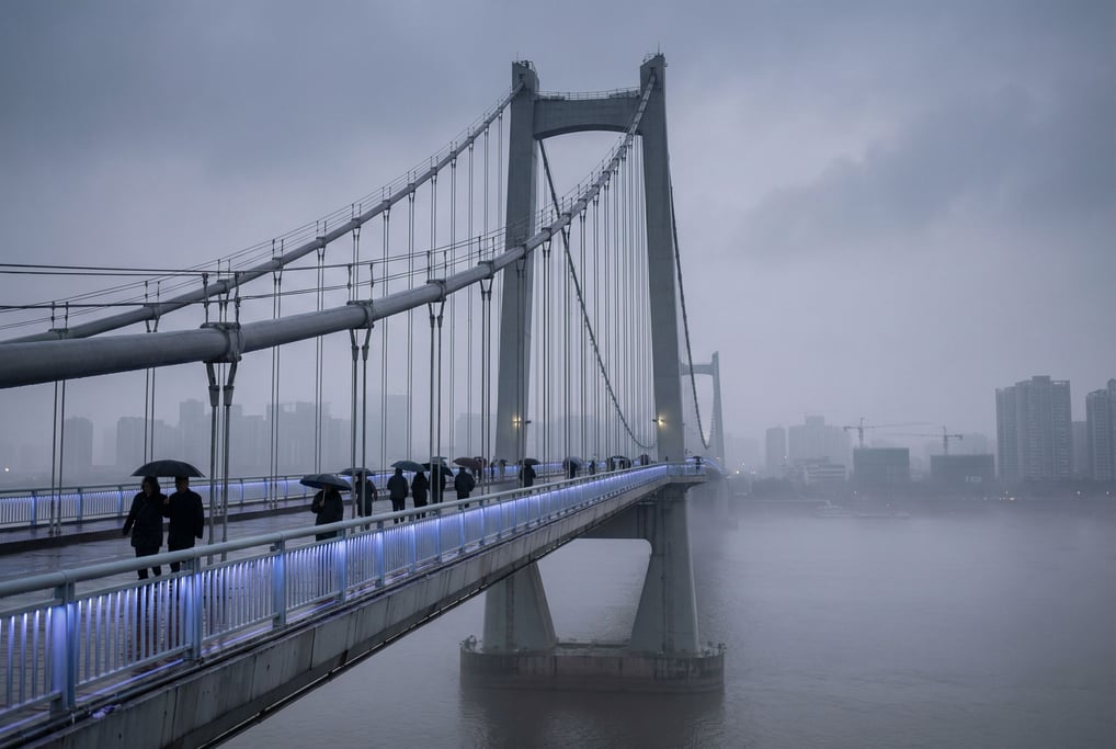 Suspension bridge spanning a wide river at cloudy afternoon