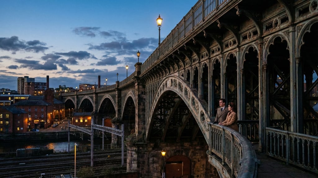 Cast iron Victorian bridge at dusk