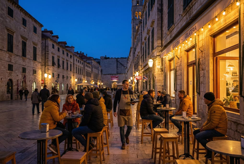 Outdoor gelateria with outdoor stools on a cosmopolitan city square
