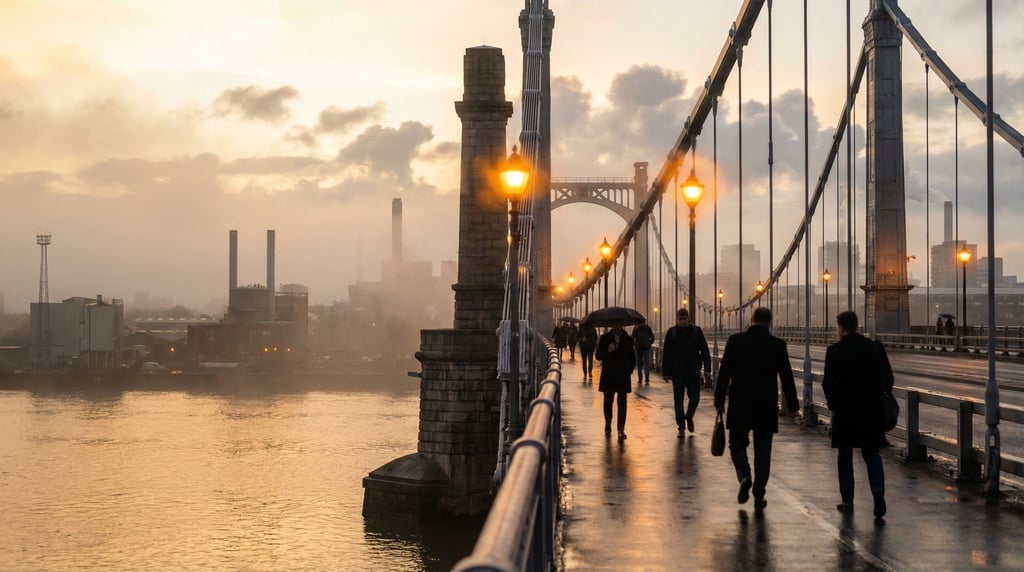 Suspension bridge spanning a wide river at golden hour, warm streetlights creating halos in fog