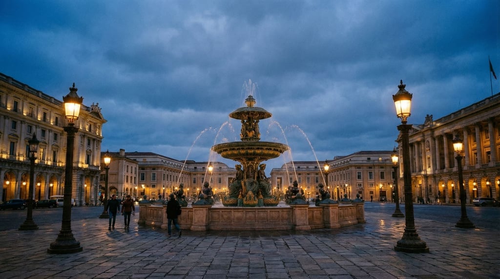 Grand stone piazza with a central fountain in a European city