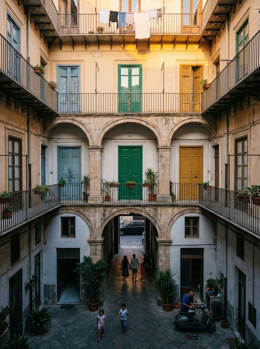 Looking up through a courtyard of a Sicilian palazzo, colorful doors at each landing