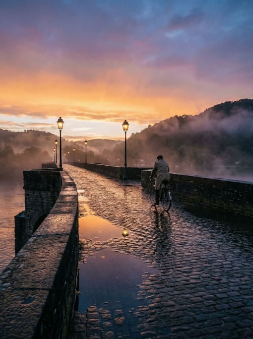 Historic stone arch bridge after rain, wet pavement reflecting lights and sky, puddles as mirrors