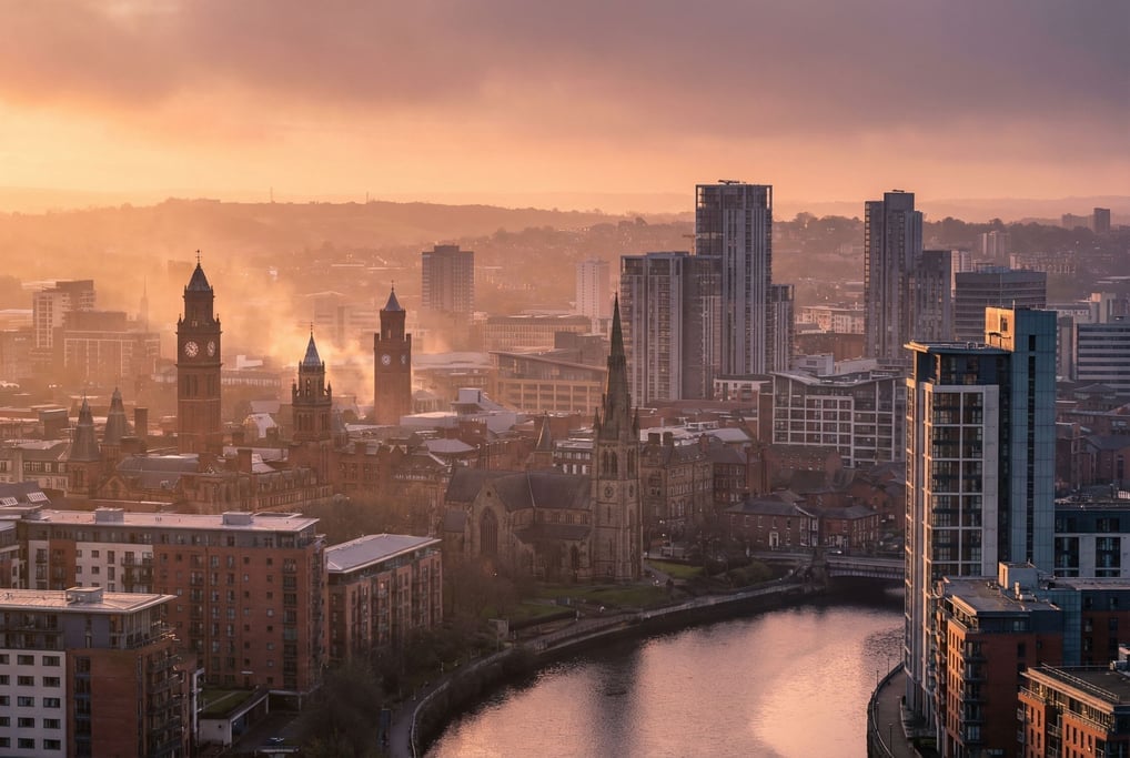 Sweeping panoramic view of a mixed historic and contemporary city skyline at sunset