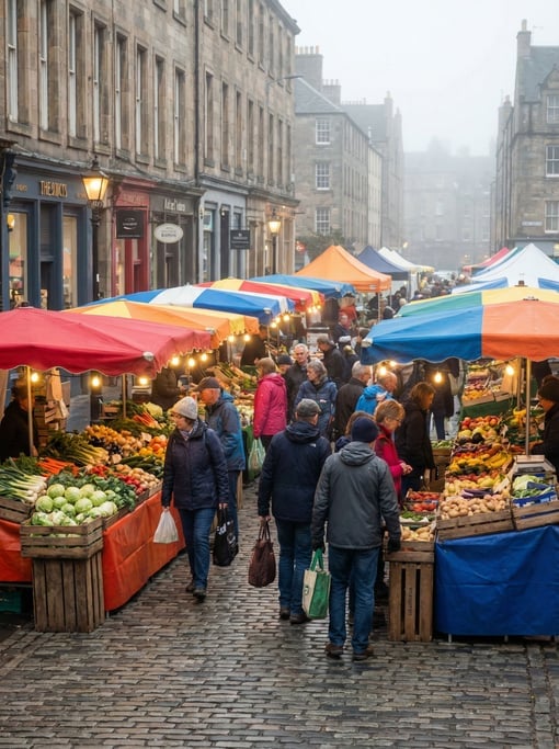 Weekend street market with colorful tents with colorful produce stacked in wooden crates